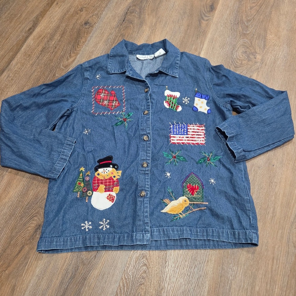 Victoria Jones Womens Denim Christmas Shirt Snowman Flag Holiday Applique Large